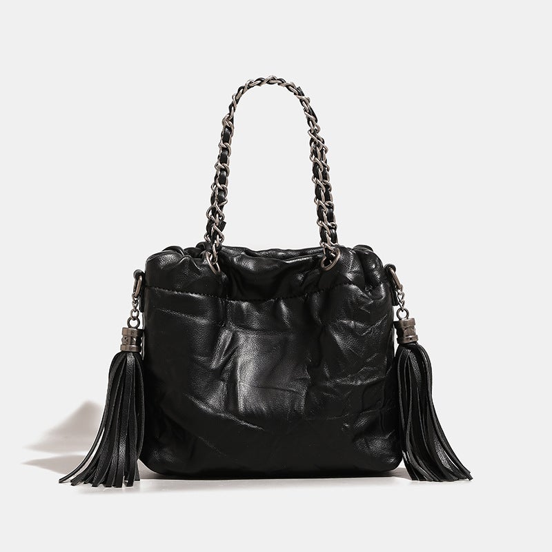 2025 Spring And Pleated Leather Tassel Chain Hand-Held Shoulder Crossbody Large Bag Fashionable And Easiest For Match Tote Bag - Image 3