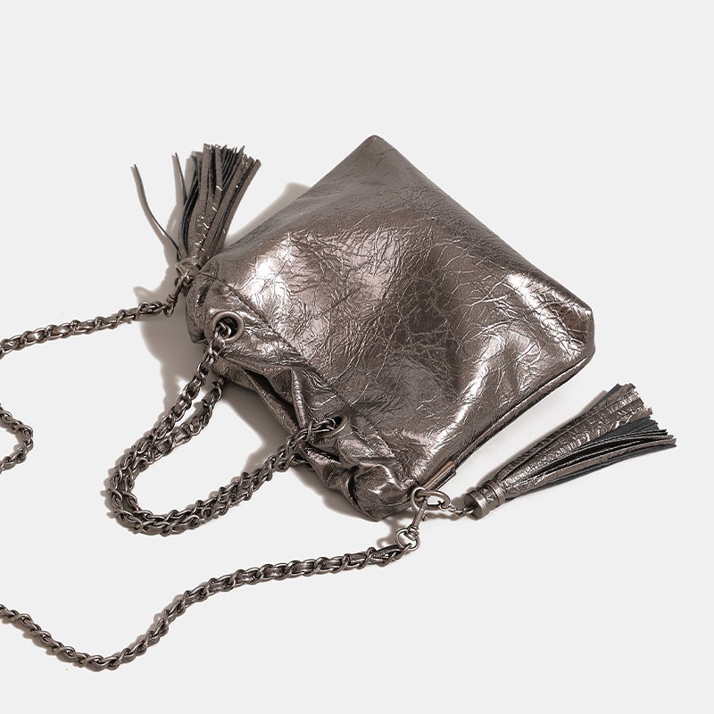 2025 Spring And Pleated Leather Tassel Chain Hand-Held Shoulder Crossbody Large Bag Fashionable And Easiest For Match Tote Bag - Image 4