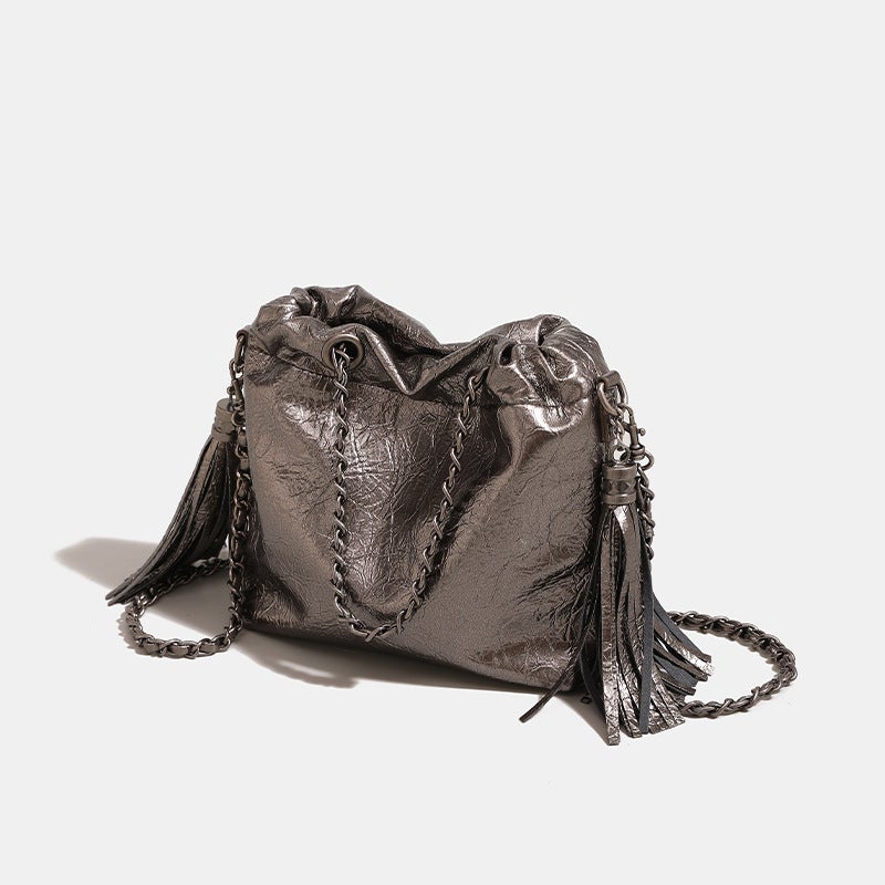 2025 Spring And Pleated Leather Tassel Chain Hand-Held Shoulder Crossbody Large Bag Fashionable And Easiest For Match Tote Bag - Image 5