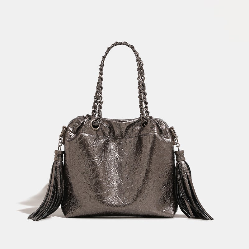 2025 Spring And Pleated Leather Tassel Chain Hand-Held Shoulder Crossbody Large Bag Fashionable And Easiest For Match Tote Bag - Image 2