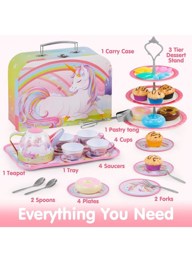 JOYIN 39 Pcs Unicorn Castle Pretend Tin Teapot Set for Tea Party and Kids Kitchen Pretend Play Kitchen Set Sweet Princess Accessories Plastic Tea Cups Dishes Play Food - Image 3