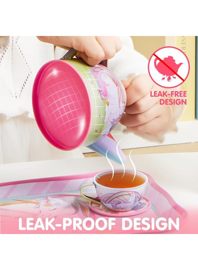 JOYIN 39 Pcs Unicorn Castle Pretend Tin Teapot Set for Tea Party and Kids Kitchen Pretend Play Kitchen Set Sweet Princess Accessories Plastic Tea Cups Dishes Play Food - Image 4