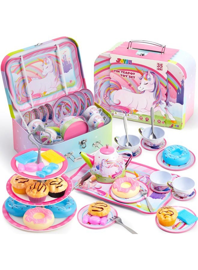 JOYIN 39 Pcs Unicorn Castle Pretend Tin Teapot Set for Tea Party and Kids Kitchen Pretend Play Kitchen Set Sweet Princess Accessories Plastic Tea Cups Dishes Play Food - Image 1