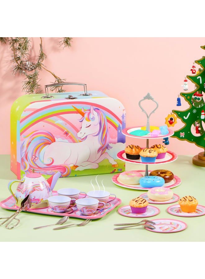 JOYIN 39 Pcs Unicorn Castle Pretend Tin Teapot Set for Tea Party and Kids Kitchen Pretend Play Kitchen Set Sweet Princess Accessories Plastic Tea Cups Dishes Play Food - Image 2