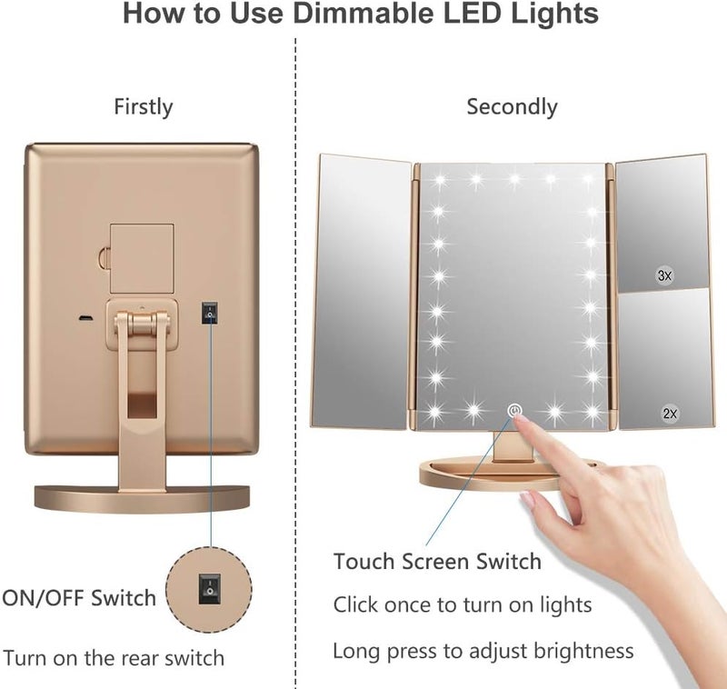WEILY Makeup Mirror with 21 LED Lights,Two Power Supply Modes, Adjustable Touch Screen and 1x/2x/3x Magnification Tri-Fold Vanity Mirror, Gift for Women（Gold） Popular practical build - Image 5