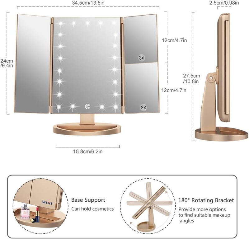 WEILY Makeup Mirror with 21 LED Lights,Two Power Supply Modes, Adjustable Touch Screen and 1x/2x/3x Magnification Tri-Fold Vanity Mirror, Gift for Women（Gold） Popular practical build - Image 4