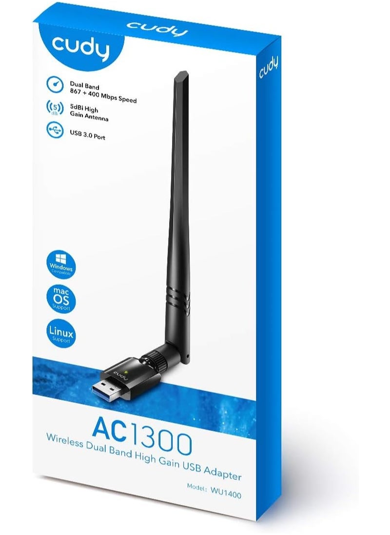 cudy - Cudy AC 1300Mbps USB 3.0 Dual Band WiFi Adapter for PC, 400Mbps + 867Mbps USB Wireless Dongle, 5Ghz + 2.4Ghz, 5dBi High Gain Antenna, Compatible with Windows 7/8 / 8.1/10, Mac OS, Linux, WU1400 - Image 1