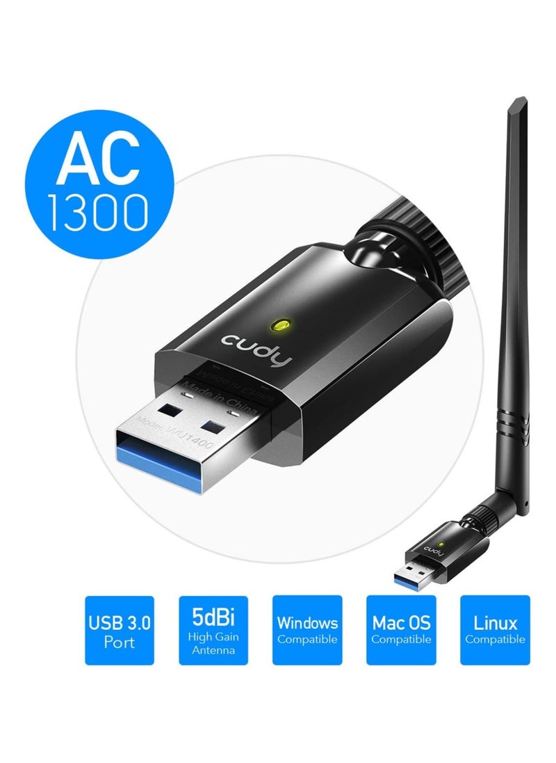 cudy - Cudy AC 1300Mbps USB 3.0 Dual Band WiFi Adapter for PC, 400Mbps + 867Mbps USB Wireless Dongle, 5Ghz + 2.4Ghz, 5dBi High Gain Antenna, Compatible with Windows 7/8 / 8.1/10, Mac OS, Linux, WU1400 - Image 1