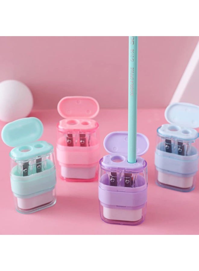 waremew 4 PCS Manual Pencil Sharpener with Eraser, Double Hole Multicolored Sharpener with Eraser Fun Stationery Back to School Supplies, Classroom Rewards, and Birthday Party Favors - Image 2
