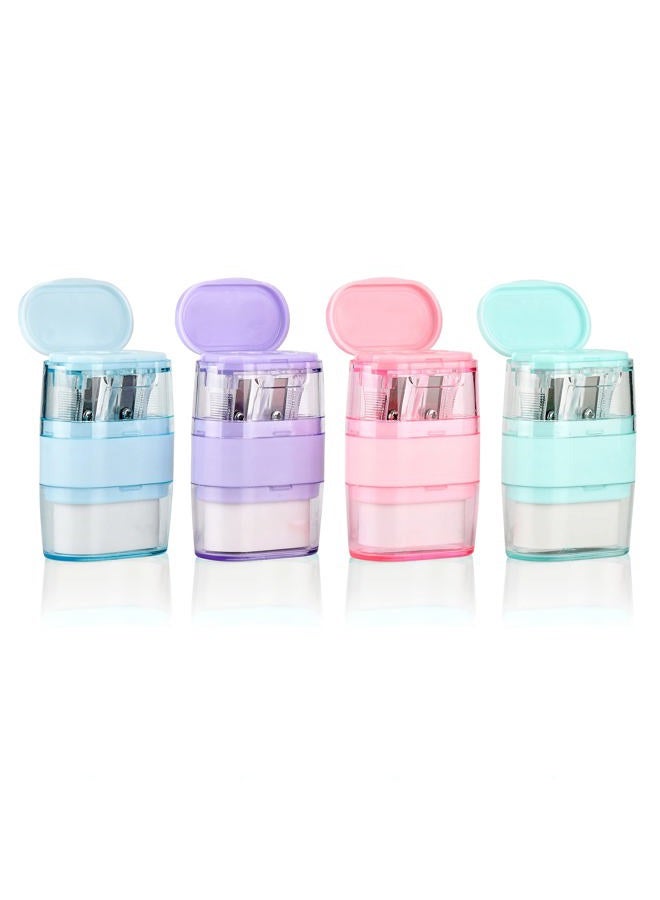 waremew 4 PCS Manual Pencil Sharpener with Eraser, Double Hole Multicolored Sharpener with Eraser Fun Stationery Back to School Supplies, Classroom Rewards, and Birthday Party Favors - Image 1
