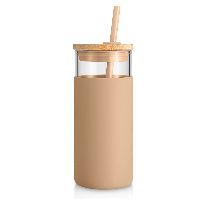 Tronco 20 oz Glass Tumbler with Lid and Straw, Iced Coffee Cup and Smoothie Cup with Bamboo Lids & Protective Silicone Sleeve, Dishwasher Safe, BPA-Free, Glass Cup 1 Pack - Image 1