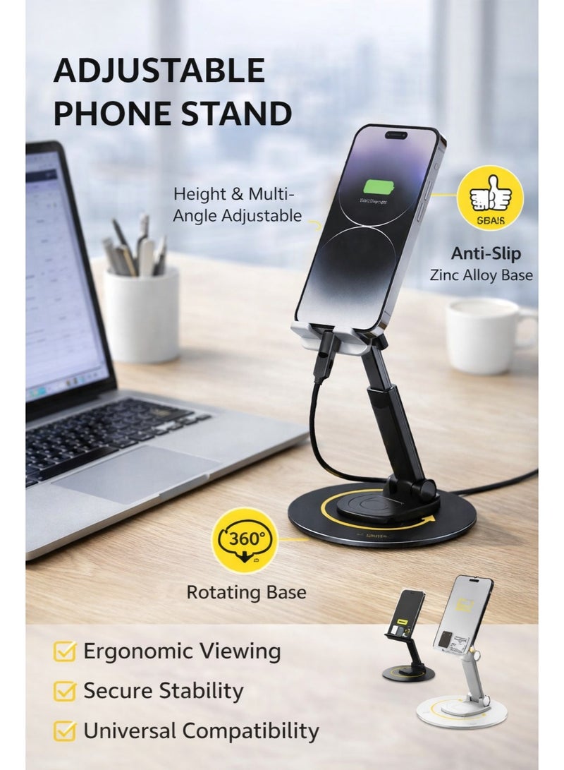 Desk Phone Stand – Mobile Phone Holder for Desk with 360 Degree Phone Stand Design, Metal Desk Phone Holder, Adjustable Phone Stand Desktop Phone Holder for Table & Office Desk, Tablet Stand up to 12 Inch, Adjustable Desk Phone Bracket - Image 1