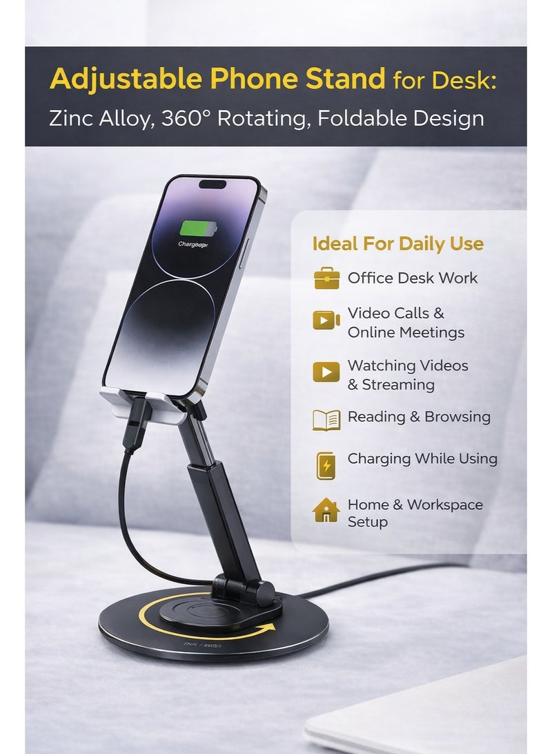 Desk Phone Stand – Mobile Phone Holder for Desk with 360 Degree Phone Stand Design, Metal Desk Phone Holder, Adjustable Phone Stand Desktop Phone Holder for Table & Office Desk, Tablet Stand up to 12 Inch, Adjustable Desk Phone Bracket - Image 3