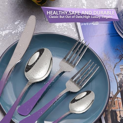 Caliamary 24 Pieces Flatware Set, Stainless Steel Cutlery Set with Silverware Holder, Modern Eating Tableware Set Includes Dinner Knives Forks Spoons,Hanging Silverware Set Service for 6 (Purple) - Image 5