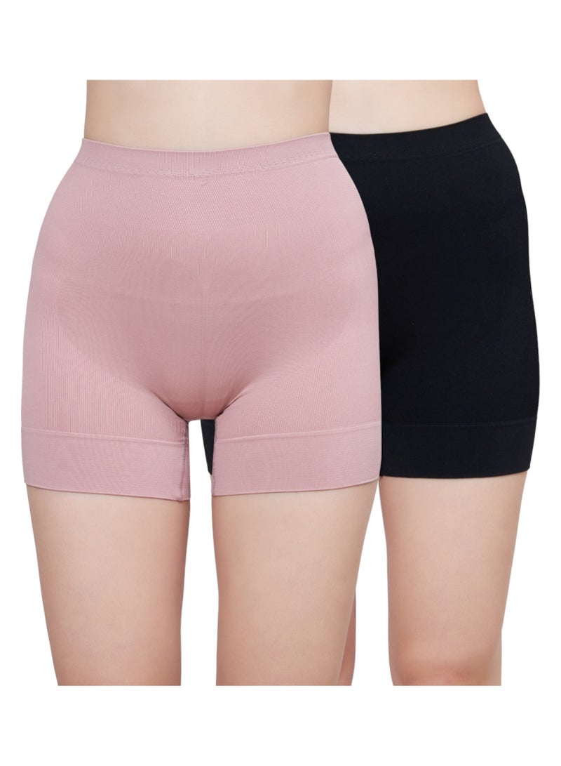 Glamroot Seamless High Waist Tummy Control Shapewear Boyshort Panty, Size M -XXL, Black/Peach (Pack Of 2) - Image 1