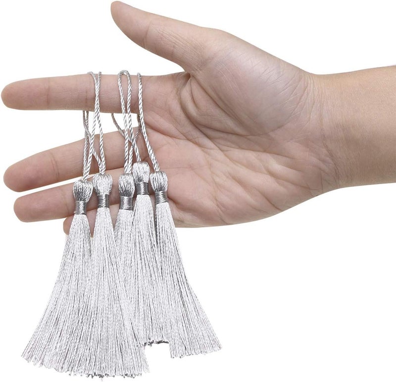 Haoser Silver 50 Psc 13cm/5 Inch Silky Floss Craft Tassels, Handmade Tassel with Loop for Jewelry Making Souvenir, Bookmarks, DIY Craft Accessory - Image 3
