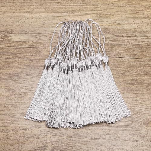 Haoser Silver 50 Psc 13cm/5 Inch Silky Floss Craft Tassels, Handmade Tassel with Loop for Jewelry Making Souvenir, Bookmarks, DIY Craft Accessory - Image 2