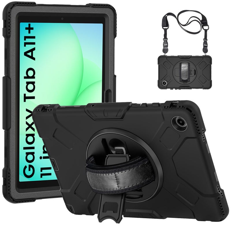 Robustrion Cover for Samsung Tab A11 Plus 11 inch, Armor Shockproof Cover with [Shoulder Strap] and [360 Degree Rotating Hand Strap and Stand] for Galaxy Tab A11+ 11" - Black - Image 1