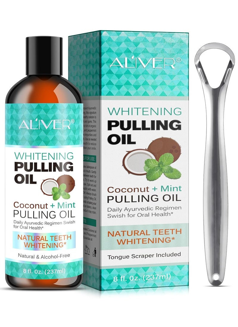 ALIVER - Pulling Oil With Coconut & Peppermint, Oil-Mouthwash for Oral Care-Teeth Whitening and Fresh Breath, Organic Essential Oils Mouthwash With Tongue Scraper Alcohol-Free, Treatment for Gum 237ml - Image 1