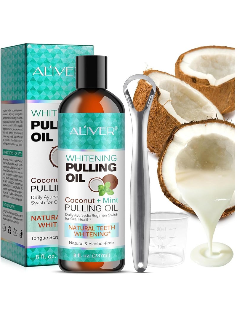 ALIVER - Pulling Oil With Coconut & Peppermint, Oil-Mouthwash for Oral Care-Teeth Whitening and Fresh Breath, Organic Essential Oils Mouthwash With Tongue Scraper Alcohol-Free, Treatment for Gum 237ml - Image 1