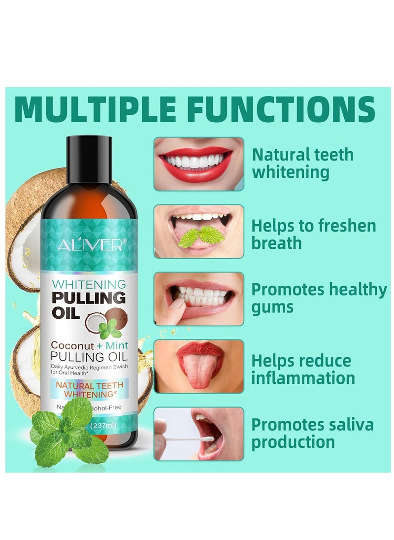 ALIVER - Pulling Oil With Coconut & Peppermint, Oil-Mouthwash for Oral Care-Teeth Whitening and Fresh Breath, Organic Essential Oils Mouthwash With Tongue Scraper Alcohol-Free, Treatment for Gum 237ml - Image 1