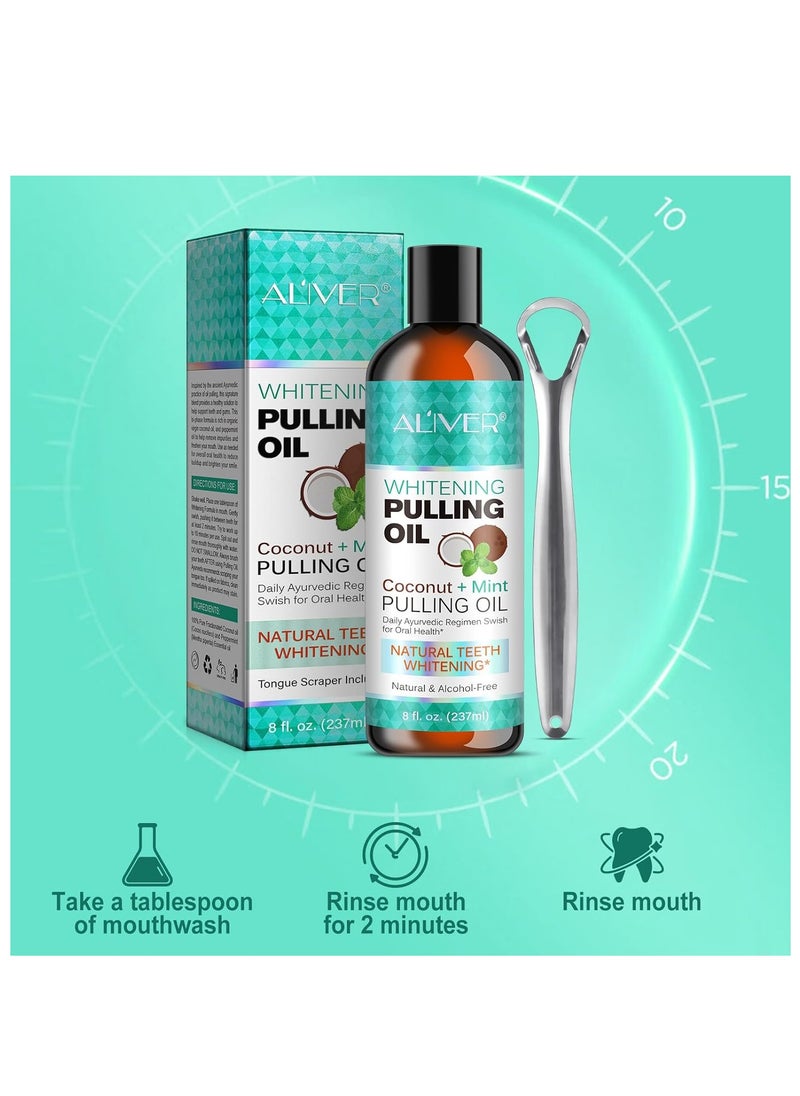 ALIVER - Pulling Oil With Coconut & Peppermint, Oil-Mouthwash for Oral Care-Teeth Whitening and Fresh Breath, Organic Essential Oils Mouthwash With Tongue Scraper Alcohol-Free, Treatment for Gum 237ml - Image 1