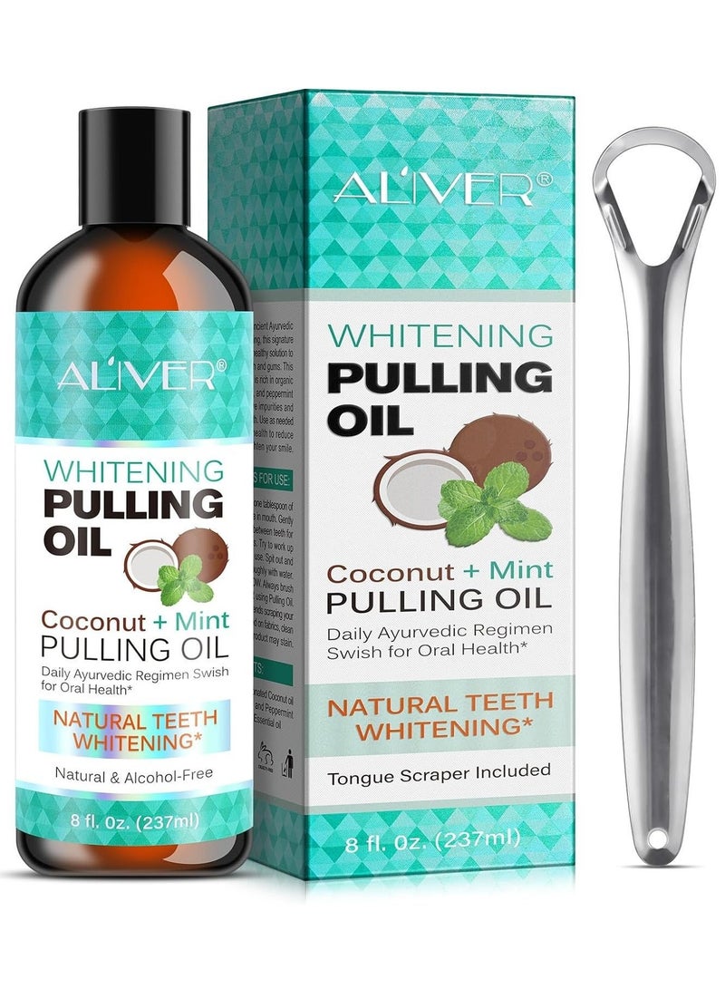 ALIVER Pulling Oil With Coconut & Peppermint, Oil-Mouthwash for Oral Care-Teeth Whitening and Fresh Breath, Organic Essential Oils Mouthwash With Tongue Scraper Alcohol-Free, Treatment for Gum 237ml - Image 1