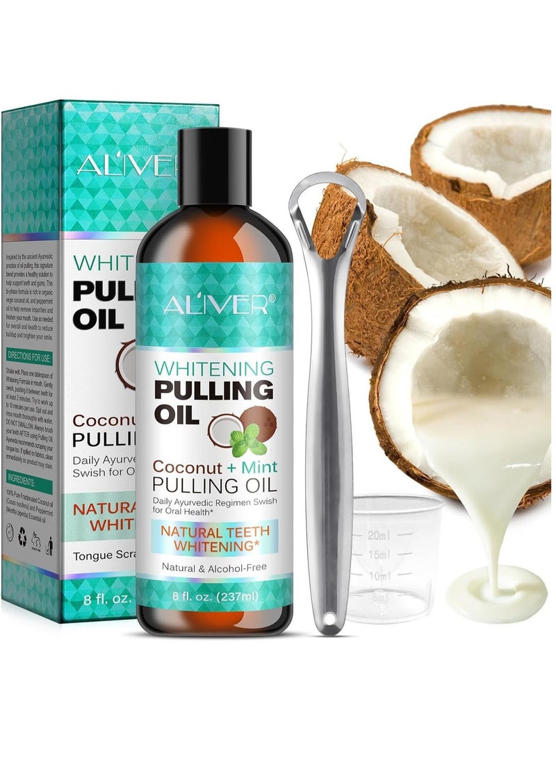 ALIVER Pulling Oil With Coconut & Peppermint, Oil-Mouthwash for Oral Care-Teeth Whitening and Fresh Breath, Organic Essential Oils Mouthwash With Tongue Scraper Alcohol-Free, Treatment for Gum 237ml - Image 2