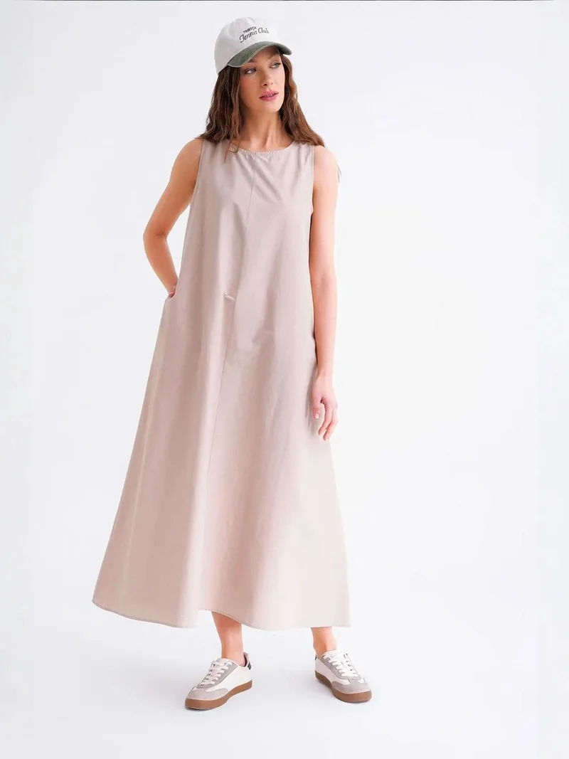 MixRay Stone Natural Mixray Relaxed Fit Maxi Dress with Pockets for Women | Best Price UAE
