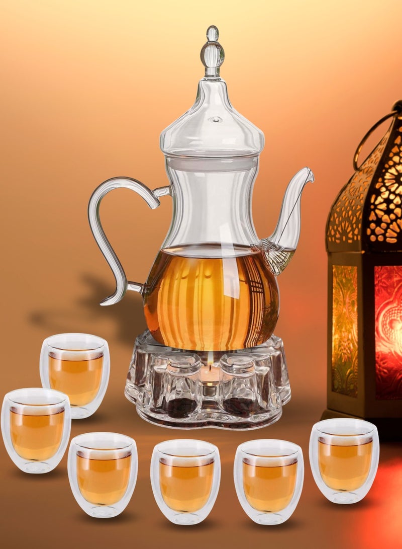 1Chase Arabic Tea Set – 1000ml Borosilicate Glass Teapot with Heart-Shaped Warmer & 6Pc 80ml Tea Cups – Heat-Resistant, Elegant Present for Ramadan & Special Occasions  - Image 1