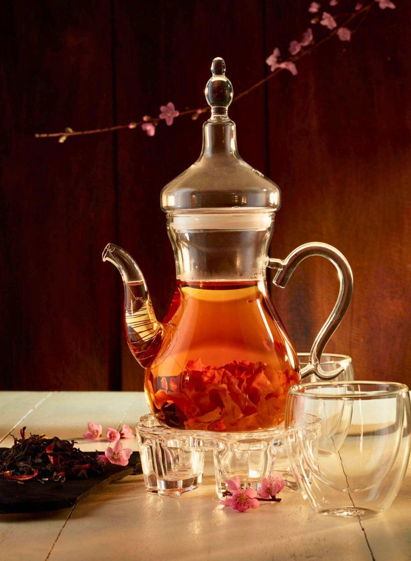 1Chase Arabic Tea Set – 1000ml Borosilicate Glass Teapot with Heart-Shaped Warmer & 6Pc 80ml Tea Cups – Heat-Resistant, Elegant Present for Ramadan & Special Occasions  - Image 3