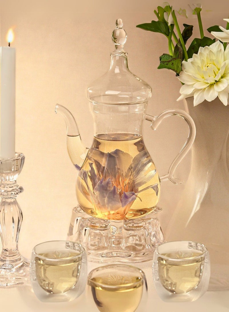 1Chase Arabic Tea Set – 1000ml Borosilicate Glass Teapot with Heart-Shaped Warmer & 6Pc 80ml Tea Cups – Heat-Resistant, Elegant Present for Ramadan & Special Occasions  - Image 2