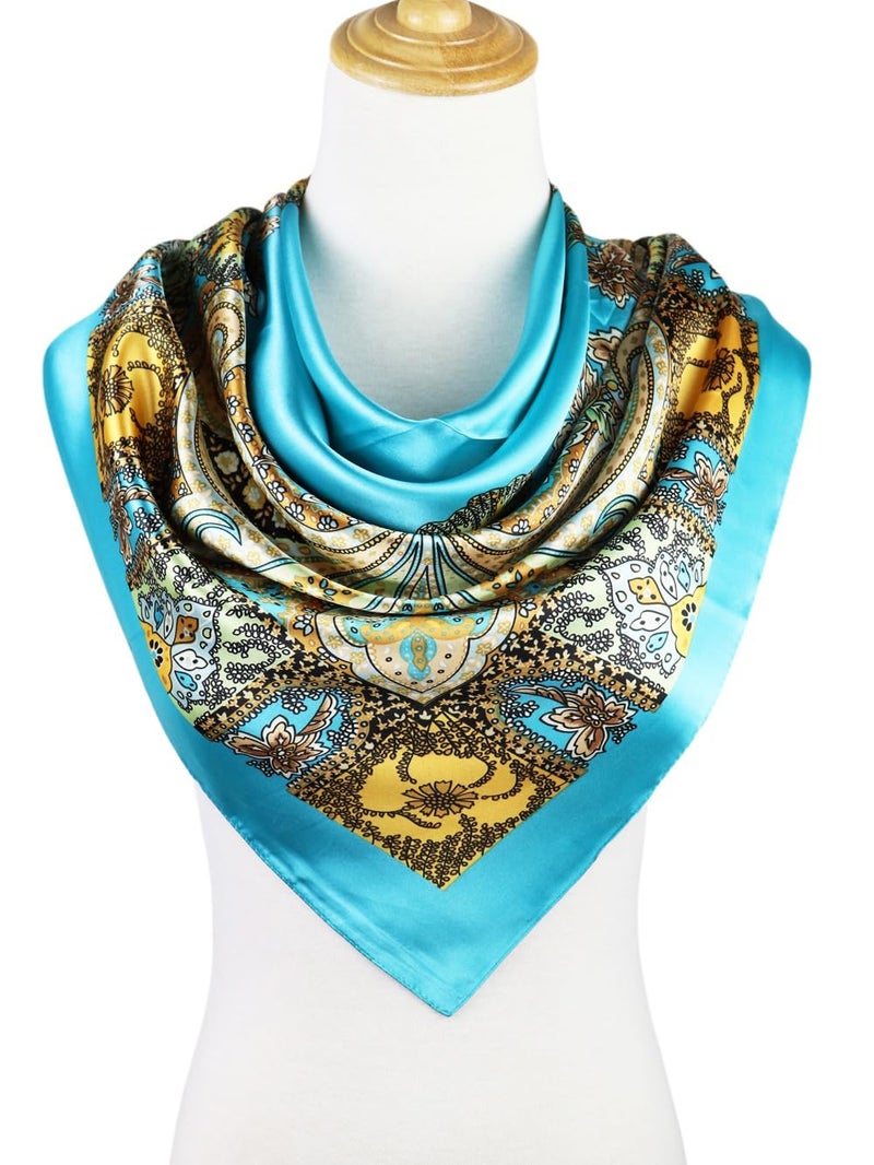vabovin Satin Square Headscarf for Women Like Silk Scarves for Hair Wrapping at Night 35 inches Hair Bandanas (Blue Cashew) - Image 2