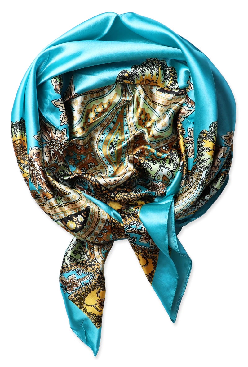 vabovin Satin Square Headscarf for Women Like Silk Scarves for Hair Wrapping at Night 35 inches Hair Bandanas (Blue Cashew) - Image 1