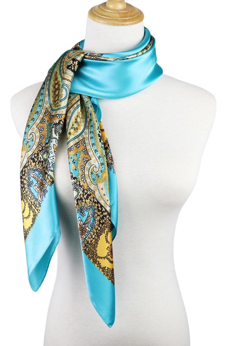 vabovin Satin Square Headscarf for Women Like Silk Scarves for Hair Wrapping at Night 35 inches Hair Bandanas (Blue Cashew) - Image 4