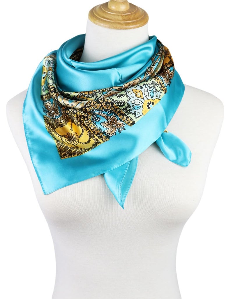 vabovin Satin Square Headscarf for Women Like Silk Scarves for Hair Wrapping at Night 35 inches Hair Bandanas (Blue Cashew) - Image 3