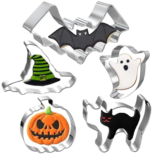 Maykito Halloween Cookie Cutters Set Large - Witch's Hat, Pumpkin, Ghost, Bat and Cat Cutter Stainless Steel - Image 1