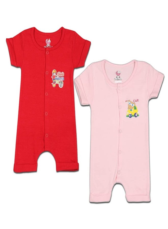 TiniBerry Baby Cotton Blend Bodysuit/Romper/Dungaree Knee Length for Baby Boys And Baby Girls (Pack of 2) (6-9 Months, PINK RED) - Image 1