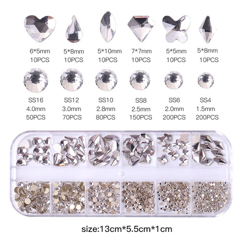 12-Grid Flat Diamonds Special-shaped Diamonds Manicure Tools Set Spot Drill Pencil + Curved Tweezers Dazzling Nail Art Decoration DIY Accessories - Image 5