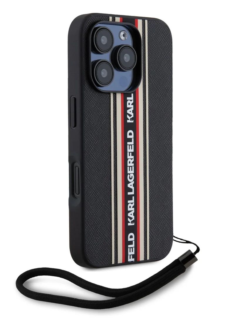 Karl Lagerfeld iPhone 16 Pro Max PU Hard Case with Athleisure Strips and Wrist Strap / Lightweight / High-Quality Back Cover / Comfortable and Secure Grip Cover
