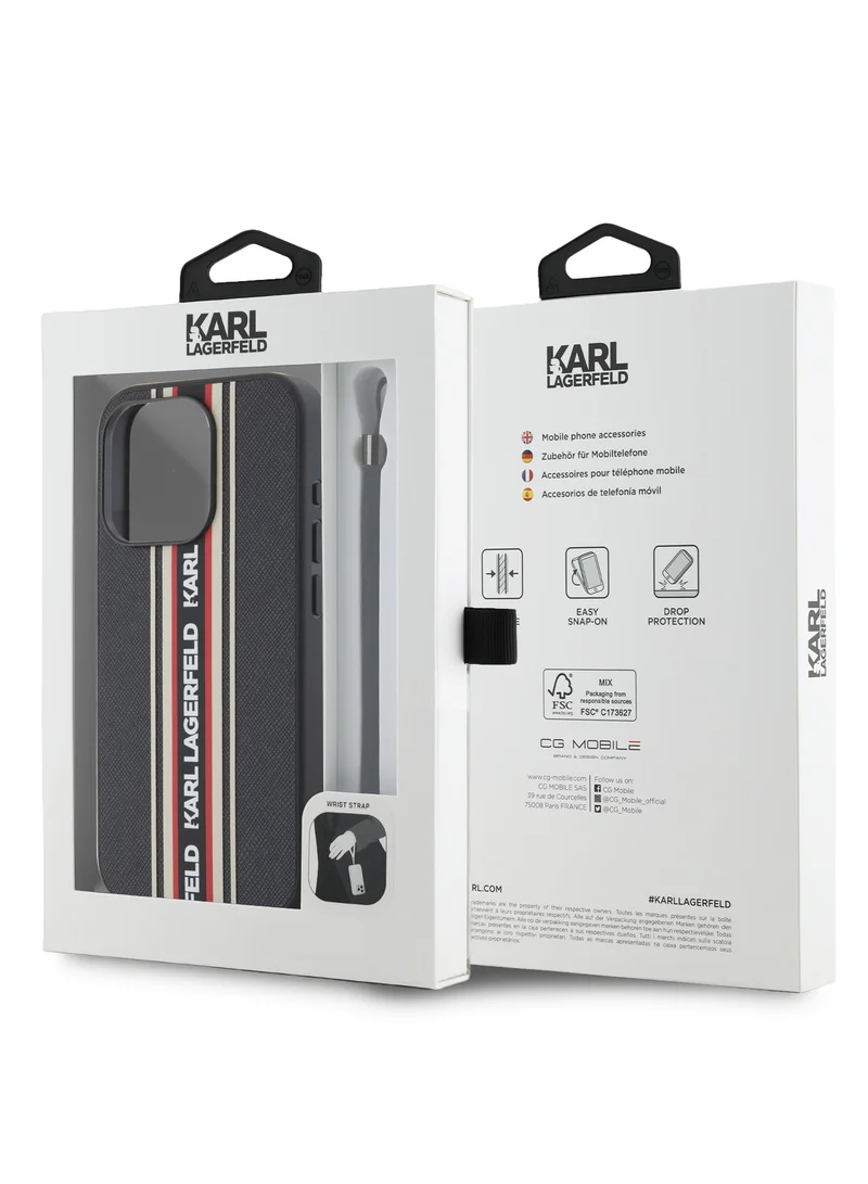 Karl Lagerfeld iPhone 16 Pro Max PU Hard Case with Athleisure Strips and Wrist Strap / Lightweight / High-Quality Back Cover / Comfortable and Secure Grip Cover