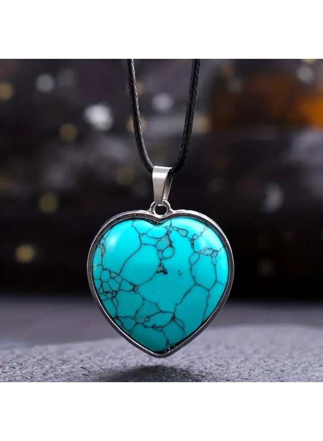 قلادة من حجر الفيروز الطبيعي على شكل قلب، قطعة واحدة، للرجال والنساء
