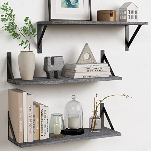 Forbena Gray Floating Shelves Wall Mounted Bookshelf Set of 3 24 Inches Long 8 Inch Deep Wall Shelves for Bedroom Bathroom Living Room Laundry Room Kitchen Office Closet Rustic Grey