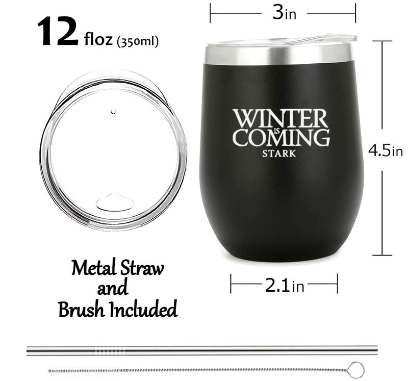 CSM Supply WINTER IS COMING - Thrones House Stark Black Stainless Steel Double Insulated Stemless 12oz Mug (1 MUG) - Metal Game Straw w Cleaning Brush Included - Image 2
