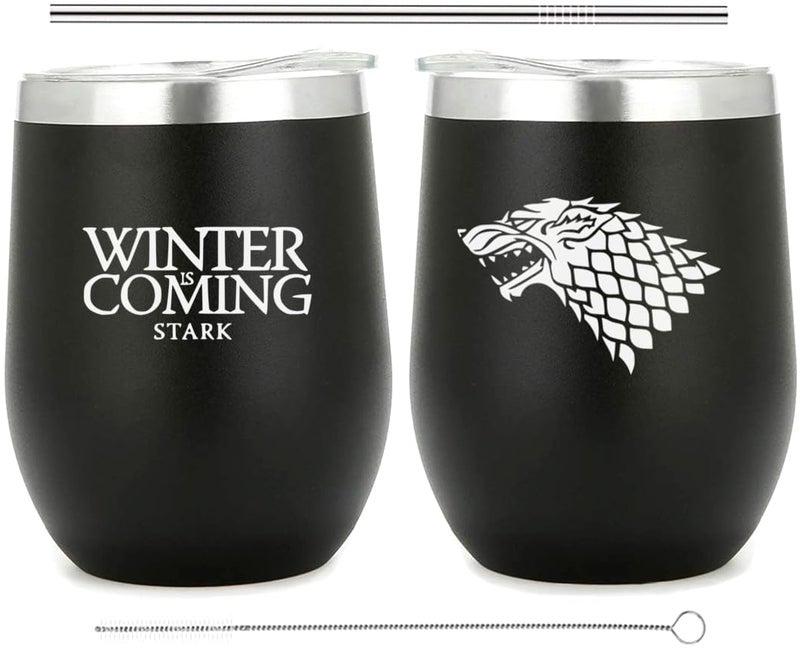 CSM Supply WINTER IS COMING - Thrones House Stark Black Stainless Steel Double Insulated Stemless 12oz Mug (1 MUG) - Metal Game Straw w Cleaning Brush Included - Image 1