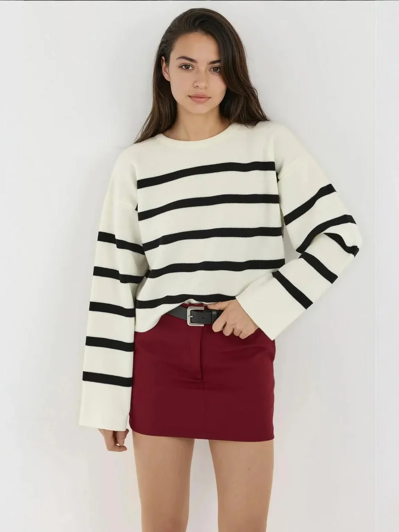 HICCUP Striped Relaxed Fit Cropped Sweater