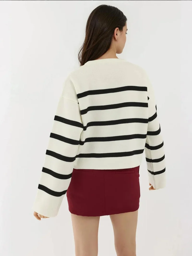 HICCUP Striped Relaxed Fit Cropped Sweater