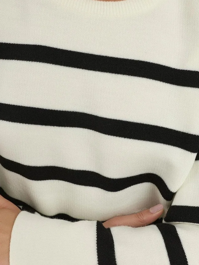 HICCUP White Striped Relaxed Fit Cropped Sweater for Women | Best Price UAE
