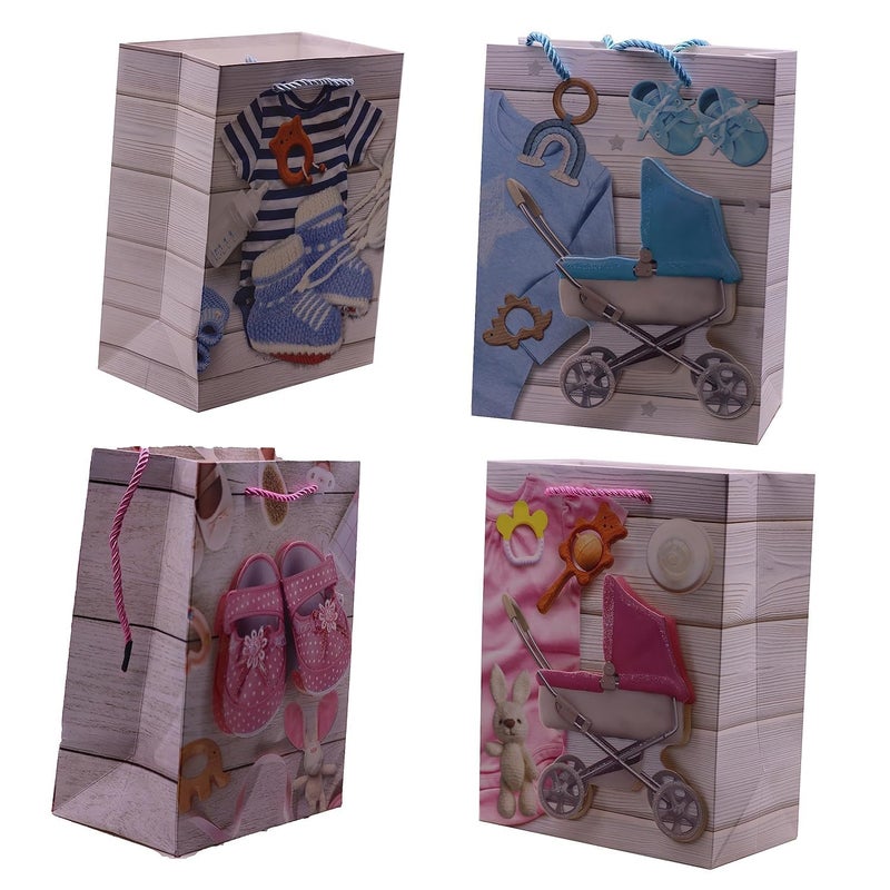 LEKORED 3D Baby Boy Girls Gift Paper Bag For Deluxe Rich Taste On Birthday PartiesBaby ShowerSchools GiftsFestivalsParty And New ParentsSet Of 4 - Image 1