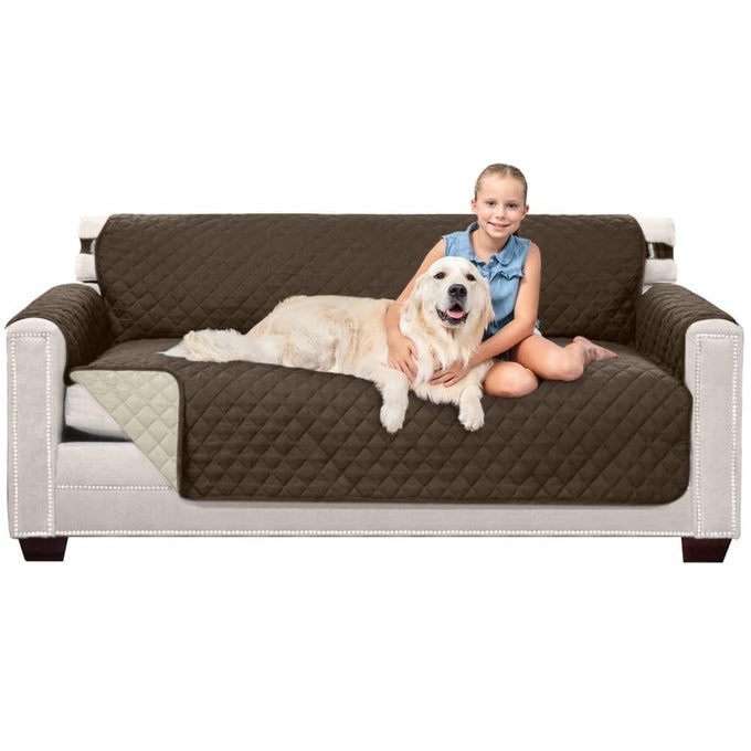COUCH SLIP COVER WITH PATENTED STRAP CUSHION PROTECTOR US DESIGNED REVERSIBLE STAIN AND DOG TEAR RESISTANT SLIPCOVER 70 INCH SEAT WASHABLE COVERS FOR DOGS PETS CHOCOLATE BEIGE